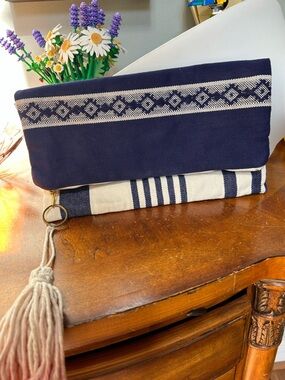 tribe alive Navy and Cream Fold-Over Tassel Clutch